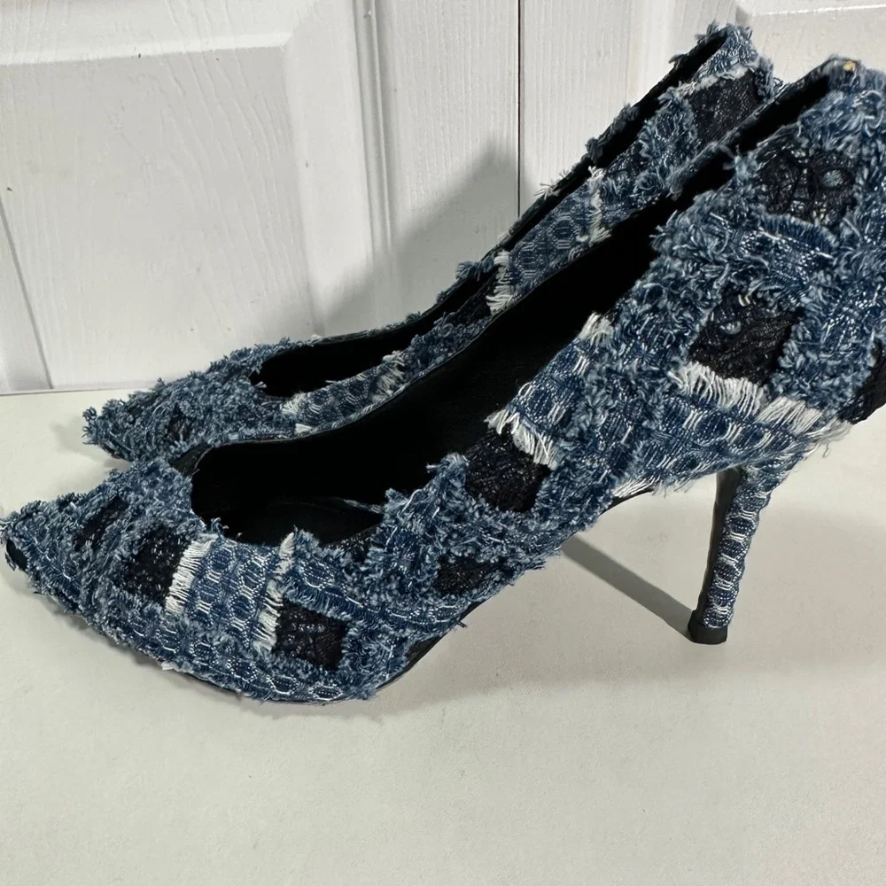 Stylish Frayed Denim Heels - Picture 3 of 7
